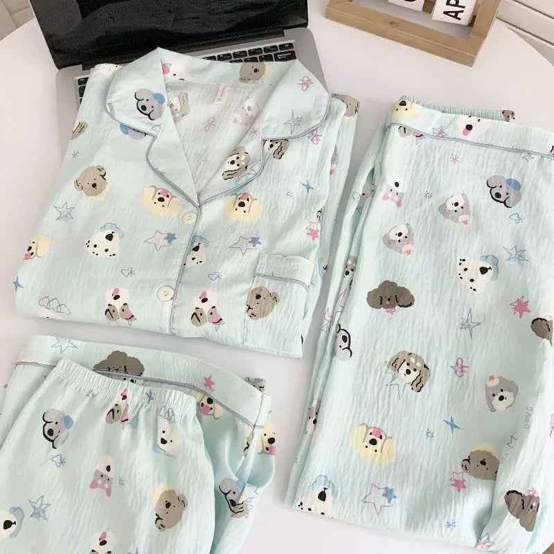 Summer Cloud Cotton Spwear Set Women's ort Sve Long Pants Home Clothes Cartoon Print Comfortable Breathable Nightgown Cz three-piece setPuppy doll