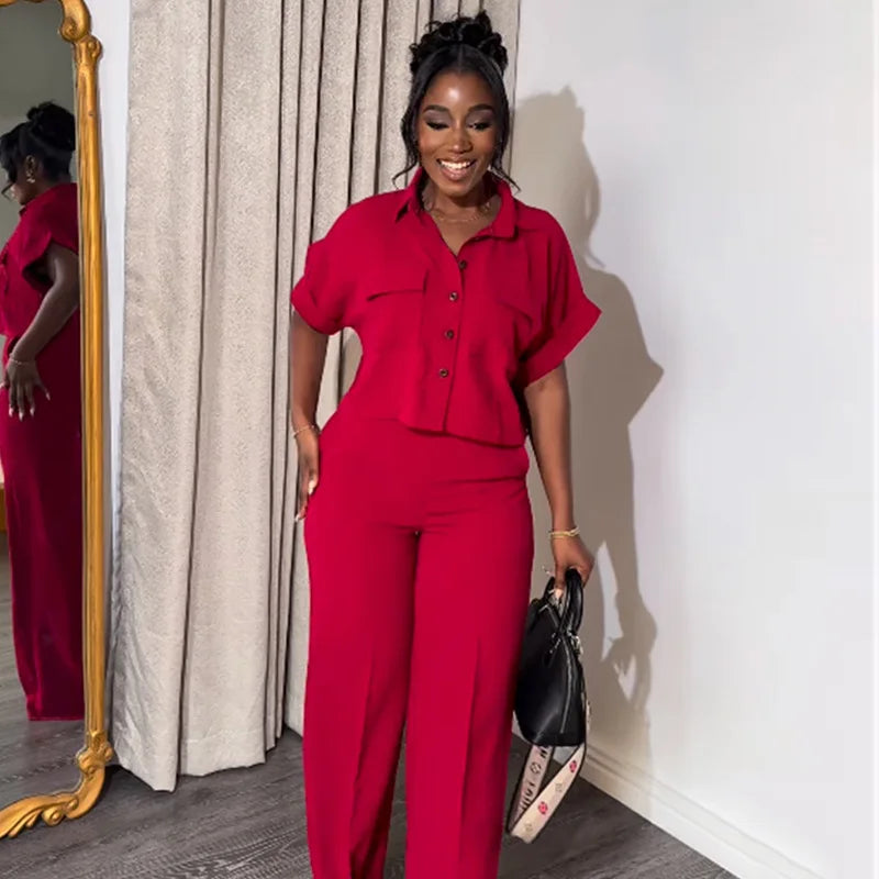 Women's Two-piece Set Spring Summer New Style Lapel Short-sleeved Shirt High Waist Wide Leg Trousers Casual Suit Women Clothing