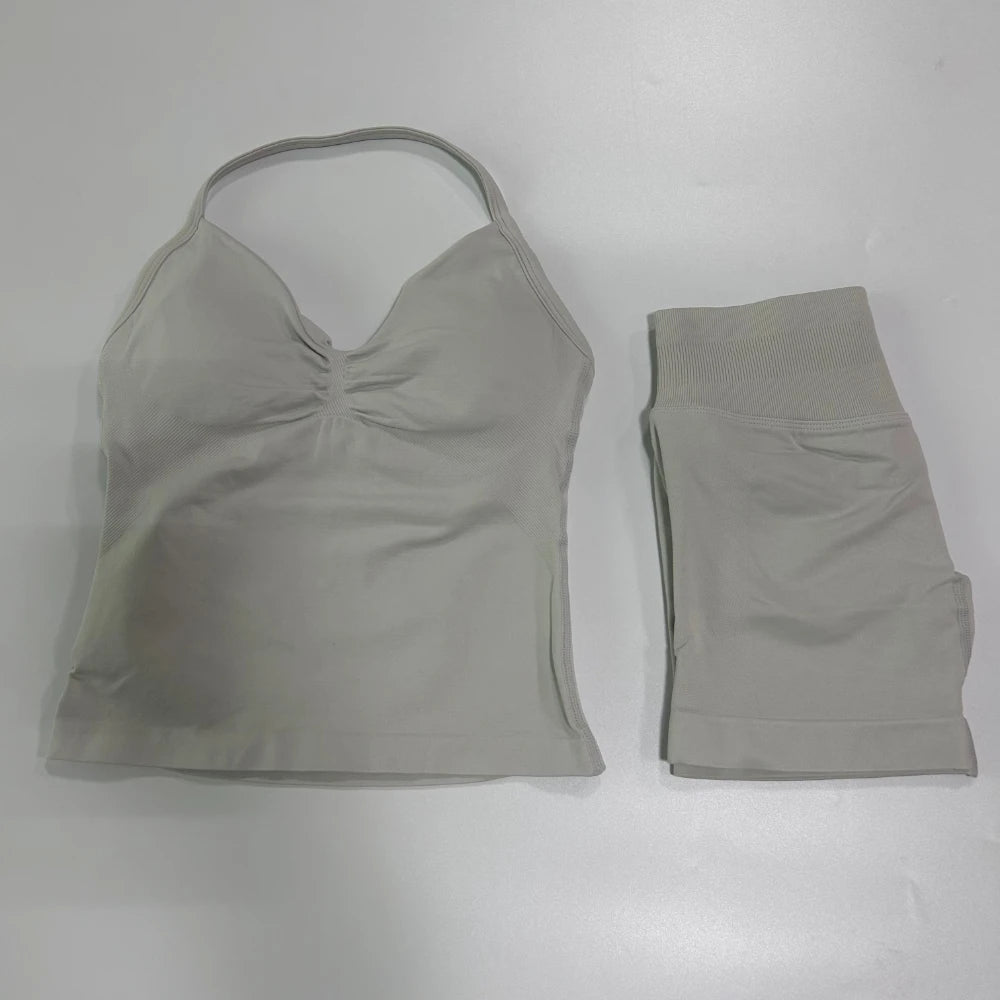 No Logo 2Pcs Gym Set Women Backless Tank Tops High Waist Scrunch Seamless Shorts Gym Suit Fitness Clothes Activewear Workout Set Badiee Stylez