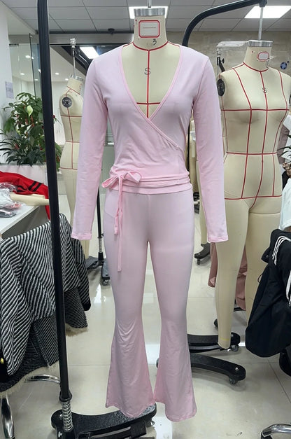 Women Summer y2k Yoga 2 Piece Outfits Casual Solid Tie up Hem Wrap Long Sleeves V-neck Crop Tops Elastic Flare Pants Tracksuits