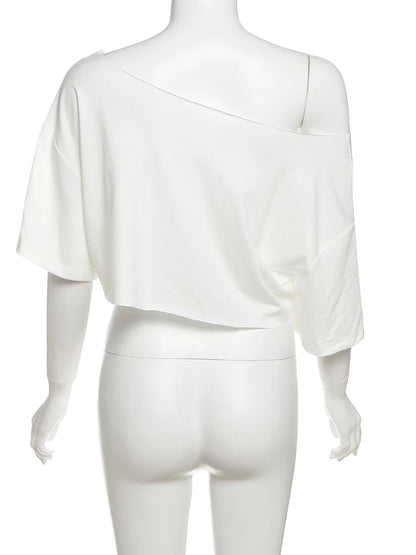 Nibber Loose Letter Print Mini t-Shirt Women Summer Trend Biased Collar Versatile Street Skinny Simple Classic Party Daily Tops