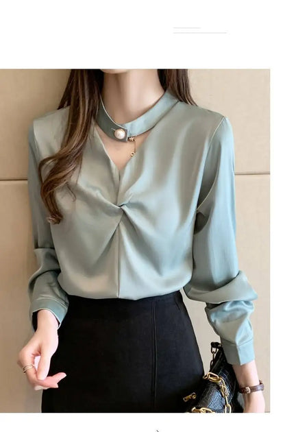 Satin Beading Halter V-Neck Woman Blouses 2022 Spring New Elegant Fashion Office Lady Long Sleeve Loose Commuter Shirts Female