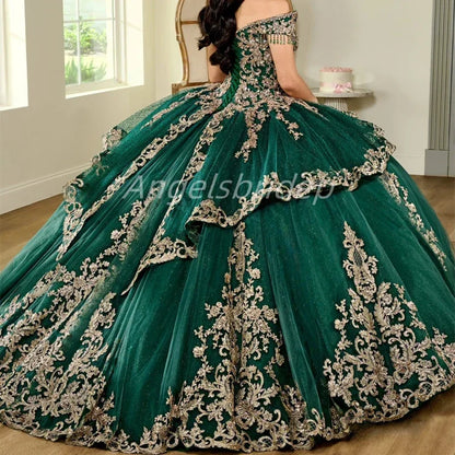 Angelsbridep Customized Emerald Green Ball Gown Quinceanera Dresses 2025 Glitter Tulle Sweet 16 Evening Dress Vestido De 15 Años Badiee Stylez