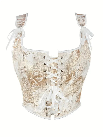 Blue Jacquard Corset Sexy Shoulder Straps Overbust Bustiers Crop Top Lace Up Brocade Vest Lingerie Gothic For Women Outfit Golden