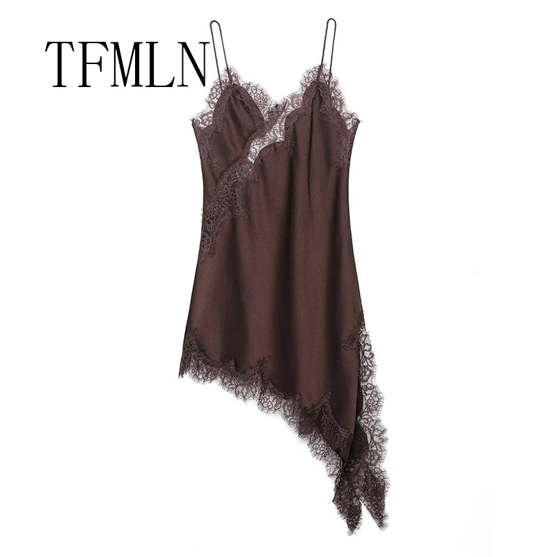 TFMLN Women Sexy Lace Splicing Dresses Summer Solid Sleeveless Asymmetry Dress Backless Slim Women's  Party Sling Mini Dress Badiee Stylez