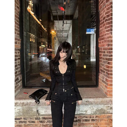 Deeptown Y2k Black Sexy Shirts Women V Neck Coquette Harajuku American Vintage Zip Up Blouse Slim Gyaru Cardigan Streetwear