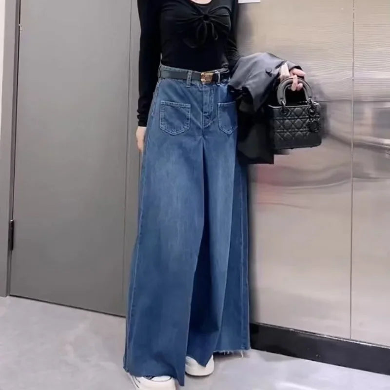 Retro Loose Super Wide-leg Jeans Women's 2024 Spring New Design Rough Edge Culottes Drape Floor Pants Women's Clothing Simple