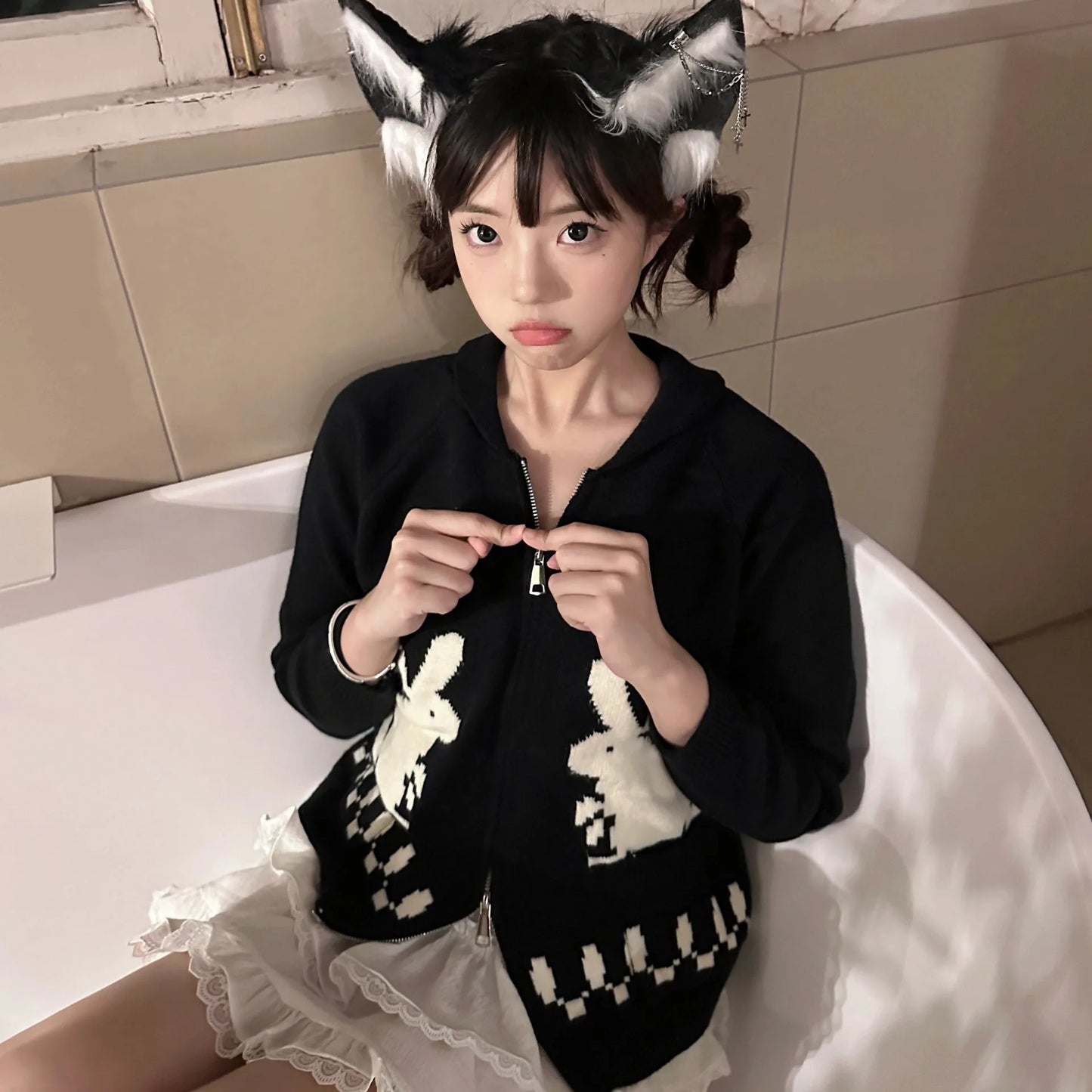 Karrram Japanese Y2k Knit Cardigans Vintage Rabbit Embroidery Zipper Knitwear Harajuku 2000s Korean Knitted Coat Preppy Style