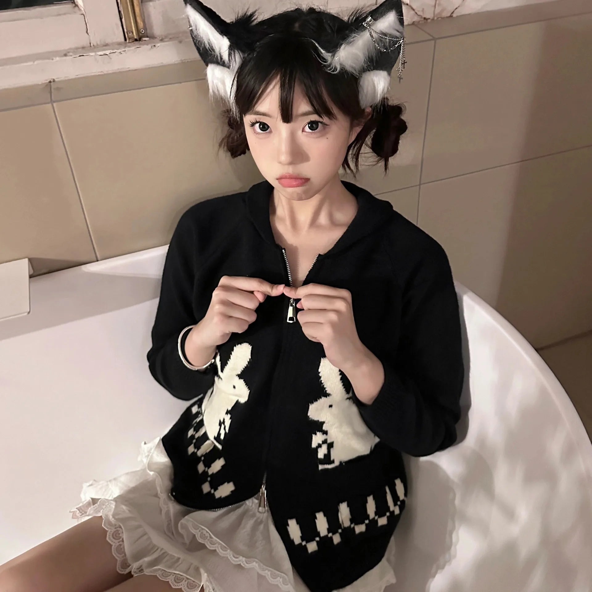 Karrram Japanese Y2k Knit Cardigans Vintage Rabbit Embroidery Zipper Knitwear Harajuku 2000s Korean Knitted Coat Preppy Style