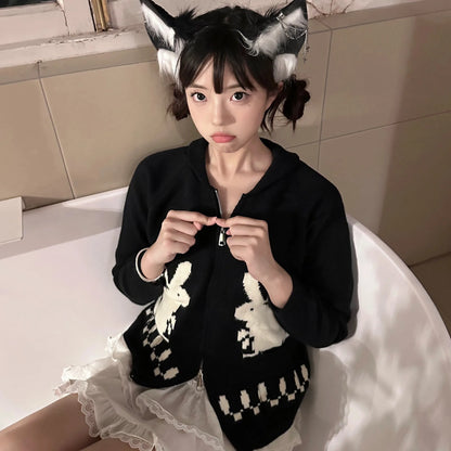 Karrram Japanese Y2k Knit Cardigans Vintage Rabbit Embroidery Zipper Knitwear Harajuku 2000s Korean Knitted Coat Preppy Style