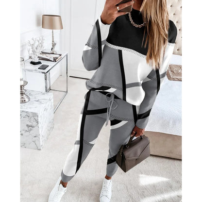 Women Casual Two Piece Sets Fashion Geometric Print O-Neck Long Sleeve Tops and Drawstring Pencil Pants Sets Office Lady Outfits Badiee Stylez