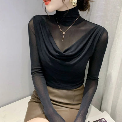 Sexy Mesh Basic T-shirts Women 2025 Fashion Turtleneck Casual Long Sleeve Y2k Tops Korean Clothes Woman Black Winter T Shirt 4XL