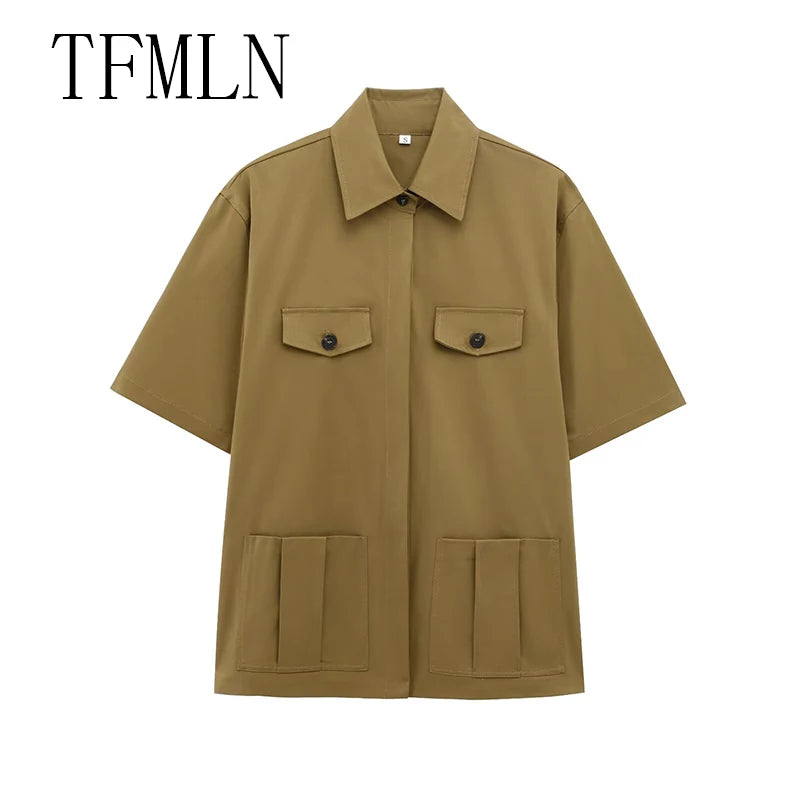TFMLN Spring Summer New 2pcs Sets 2025 Women Solid Color Short Sleeve Shirts Pockets Tops Casual Shorts Sets