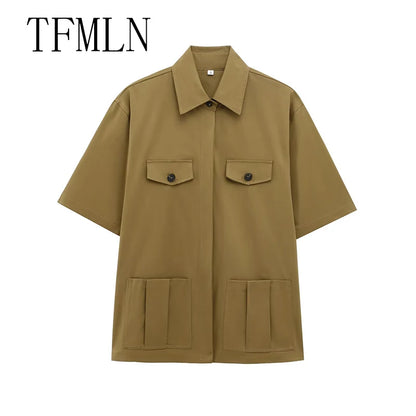 TFMLN Spring Summer New 2pcs Sets 2025 Women Solid Color Short Sleeve Shirts Pockets Tops Casual Shorts Sets