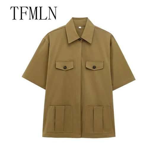 TFMLN Spring Summer New 2pcs Sets 2025 Women Solid Color Short Sleeve Shirts Pockets Tops Casual Shorts Sets