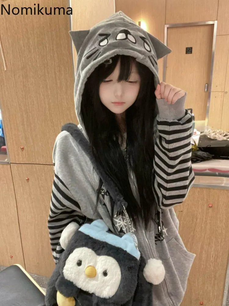 Cat Ear Hooded Sweatshirts Jackets Women Clothing Y2k Tops Patchwork Striped Anime Hoodie Ropa Mujer Casual Fashion Hoodies Coat