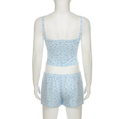 Combhasaki Women Summer Y2K 2Piece Pajamas Loungewear Set Plaid Floral Print Button Camisole Crop Tops +Elastic Low Waist Shorts