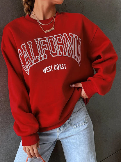 Korean Trend Woman Sweatshirts California West Coast Print Female hoodie Long Sleeves O-neck Pullovers Sporty and Rich Clothing Red