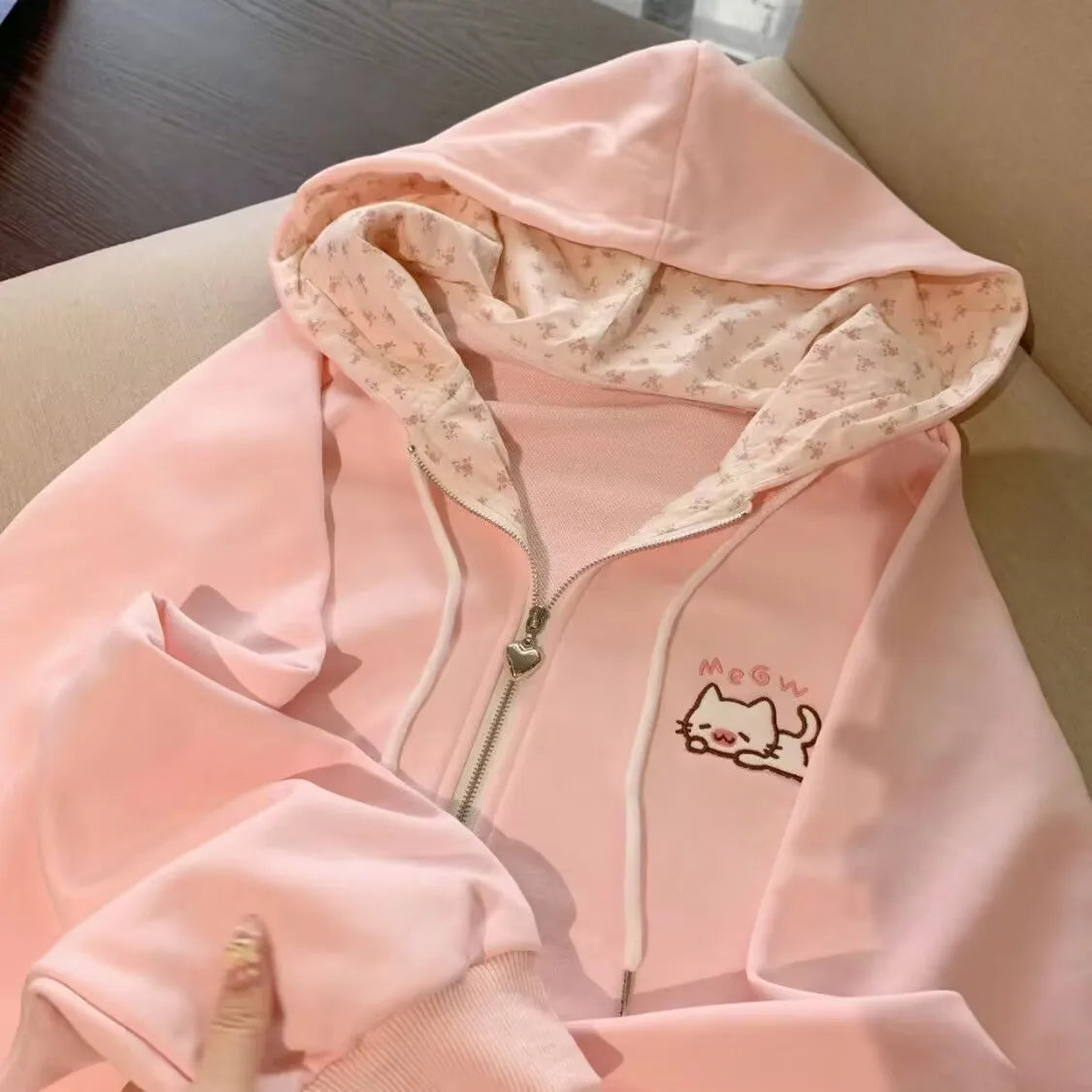 Harajuku Korean Kawaii Hooded Coat Women Thin Long Sleeve Zipper Cardigan Y2K Streetwear New Mid-length Loose Jackets Pink
