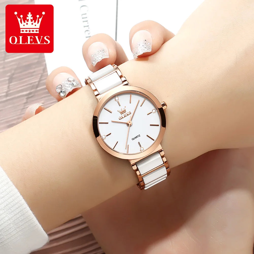 OLEVS Luxury Brand Women Watches Ceramic Tape Japanese Movement Quartz Watch for Lady Gift Bracelet Fashion Versatile Exquisite