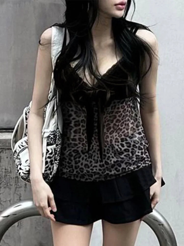 Leopard Mesh Crop Top y2k Bow Velvet Patchwork See Through Mini Vest Grunge Korean Vintage Camisole Lace Frill Tanks
