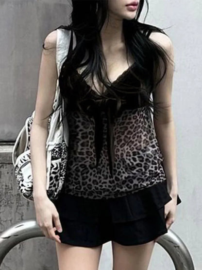 Leopard Mesh Crop Top y2k Bow Velvet Patchwork See Through Mini Vest Grunge Korean Vintage Camisole Lace Frill Tanks