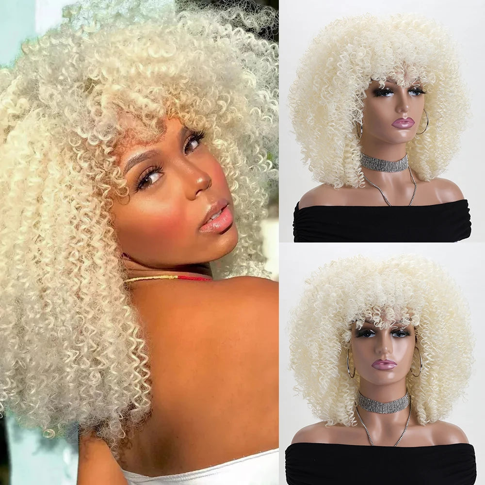 16 Inch Afro Kinky Curly Hair Wigs With Bangs Soft Fluffy Synthetic Fiber None Lace Wigs For Party Cosplay Daily Use Badiee Stylez