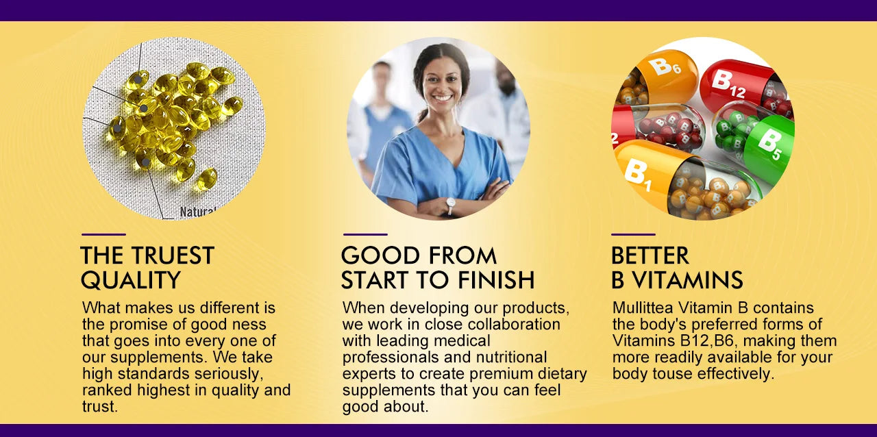 Mulittea 3X Complex Vitamin B Supplements (B12 B2 B6)for Relieve Stress Improve Immunity System Energy Support