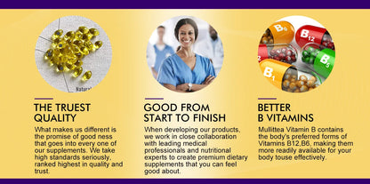 Mulittea 3X Complex Vitamin B Supplements (B12 B2 B6)for Relieve Stress Improve Immunity System Energy Support