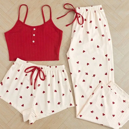 3pcs Women's Pajamas Heart-shaped Printed Vest Shorts And Pants Paired With Ribbed Fabric For Home Casual Women's Sleepwear Set A