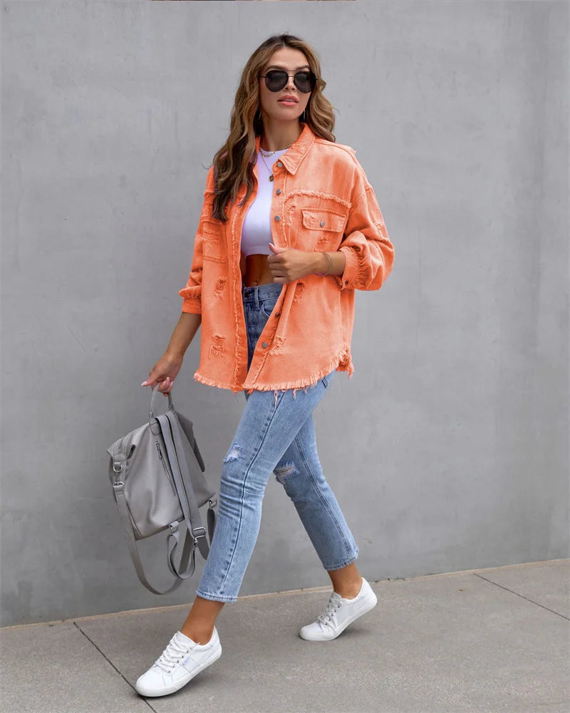 2025 Spring Autumn Shirt Style Denim Jacket Women Holes Raw-edges Jeancoat Casual Tops Female Oversize Loose Outerwear 7 Colors