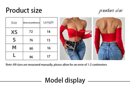 Sexy Ruched Crop T-Shirt - Off Shoulder, Long Sleeve, Drawstring Front, Flattering Fit, Clubwear, Night Out, Womens Fashion Clot