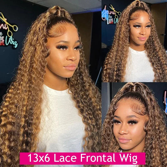 13x6 Highlight Wig Human Hair Deep Wave 40 Inch HD Lace Front Human Hair Wig 200 Density 4/27 Ombre Brown Blonde Lace Front Wigs