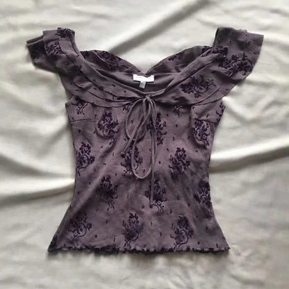 Y2K Womens Daily Clothing Summer Female Soft 2000s Vintage Harajuku Thin Artsy Skinny Minimalist Personality Bow Classic T-shirt Purple