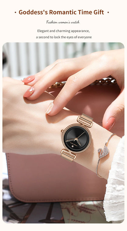 Women Quartz Watch Fashionable Simple Style Japanese Movement Rhinestone Rose Gold Stainless Steel Mesh Luxury Watch for Ladies