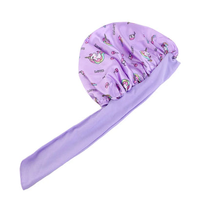 New Kids Unicorn Satin Bonnet Wide Elastic Band Ribbon Sleeping Cap Curly Natural Hair Child Night Caps Shower Cap Headscarf Badiee Stylez
