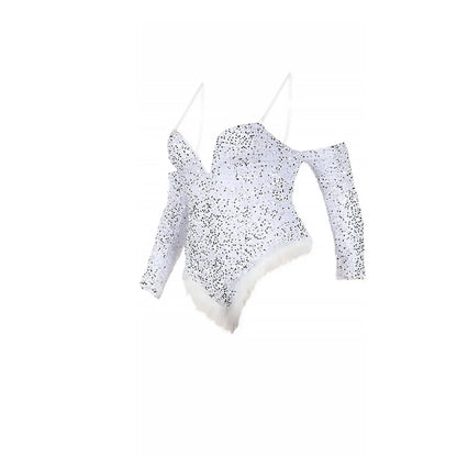 Women's Elegant Sequined Feather Slim Patchwork Bodysuits Spring Summer New Sexy Bodysuits Women Long Sleeve Backless Bodysuits