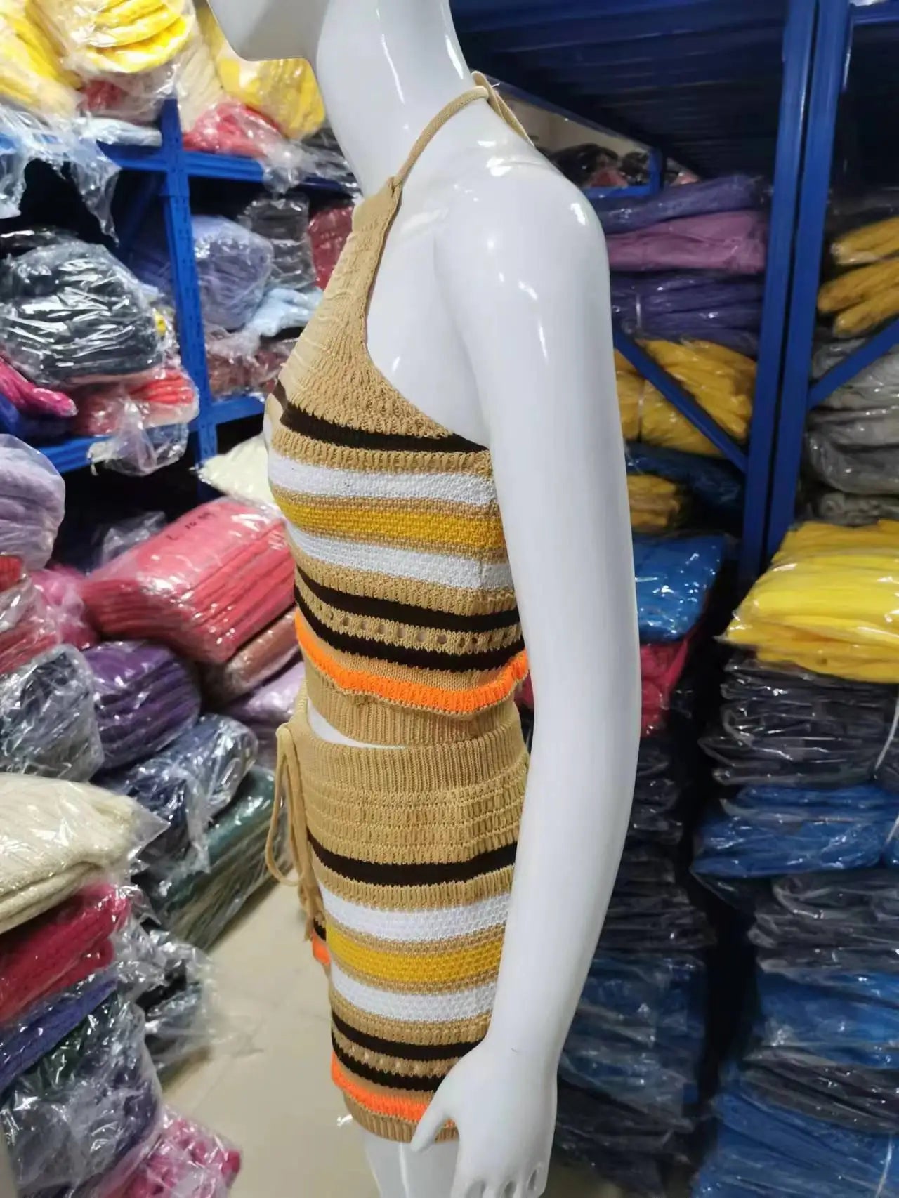 Striped Hollow Out Top & Drawstring Shorts Set Women Two Piece Set Y2k Club Beach Vest Halter Tops Elastic Waist Summer 2025