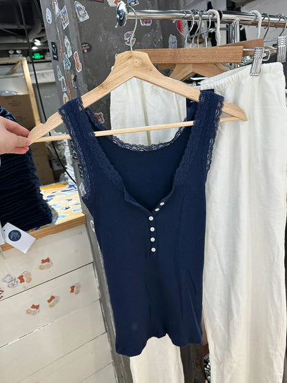 Lace Trim Solid Ribbed Tank Top for Woman Spring Buttons U Collar Sleeveless Slim Camis Simple Cotton Basic Vest Sweet Y2k Tops