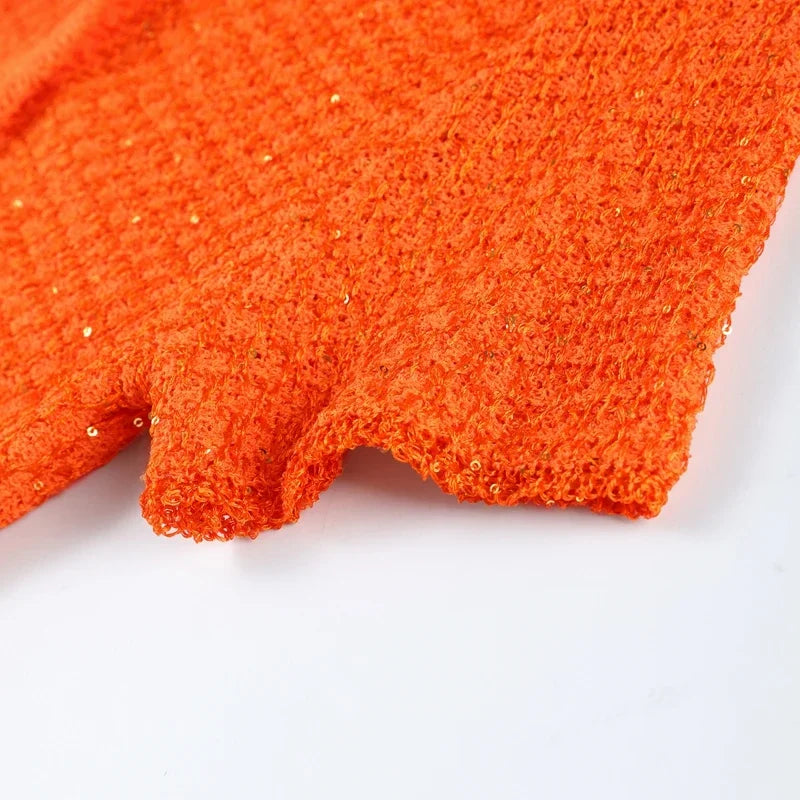 Elegant Sequined Orange Cardigans Women Y2k O-neck Short Sleeve One Button Female Tops 2025 Street Summer Lady Chic Knitwear