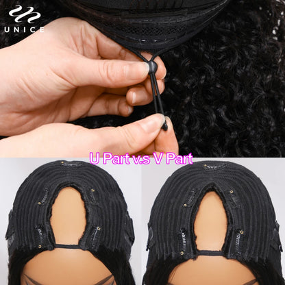 UNice Hair Drawstring Cap Kinky Straight V Part Wig & U Part Wig EasiContour 100% Human Hair Wigs No Glue Small Head Friendly