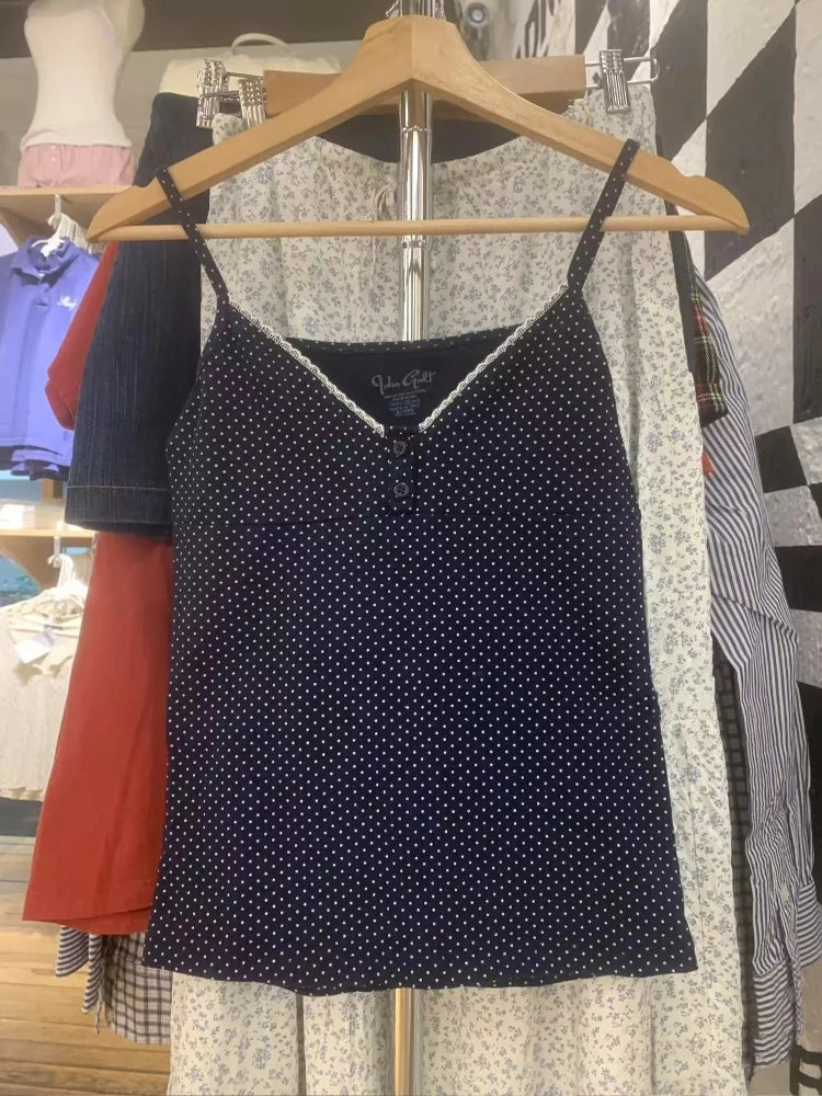 Floral Print Bow V Neck Camis Women Chic Lace Trim Sleeveless Slim Crop Tops Vest Sweet Casual Fashion Raw Hem Tank Top Y2k New Button navy dots One Size