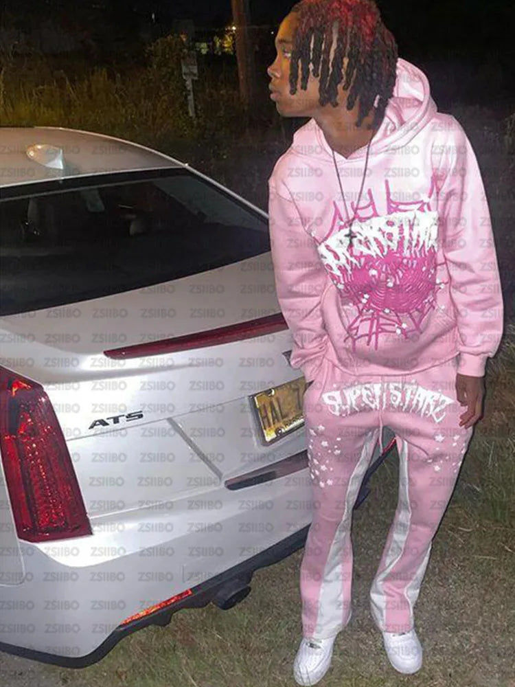 BIG PROMOTION Y2K European and American Autumn/Winter Men's Hip Hop Street Spider Web Letter Printed Loose Hooded Sweater