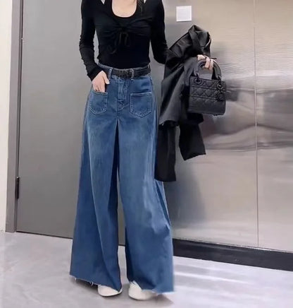 Retro Loose Super Wide-leg Jeans Women's 2024 Spring New Design Rough Edge Culottes Drape Floor Pants Women's Clothing Simple