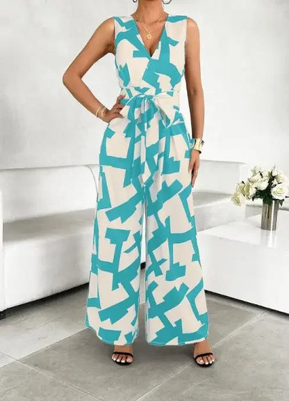 Summer Fashion Vacation Style Jumpsuits for Women Casual V Neck Sleeveless Color Blocking Lace Up High Waist Wide Leg Jumpsuit Badiee Stylez