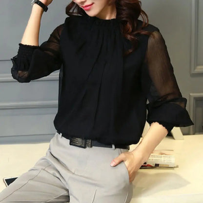Perspective Net Mesh Sleeve Office Shirt Top Elastic Cuffs Women Shirt Elegant Ruffle Collar Blouse Solid Color Chiffon Shirt