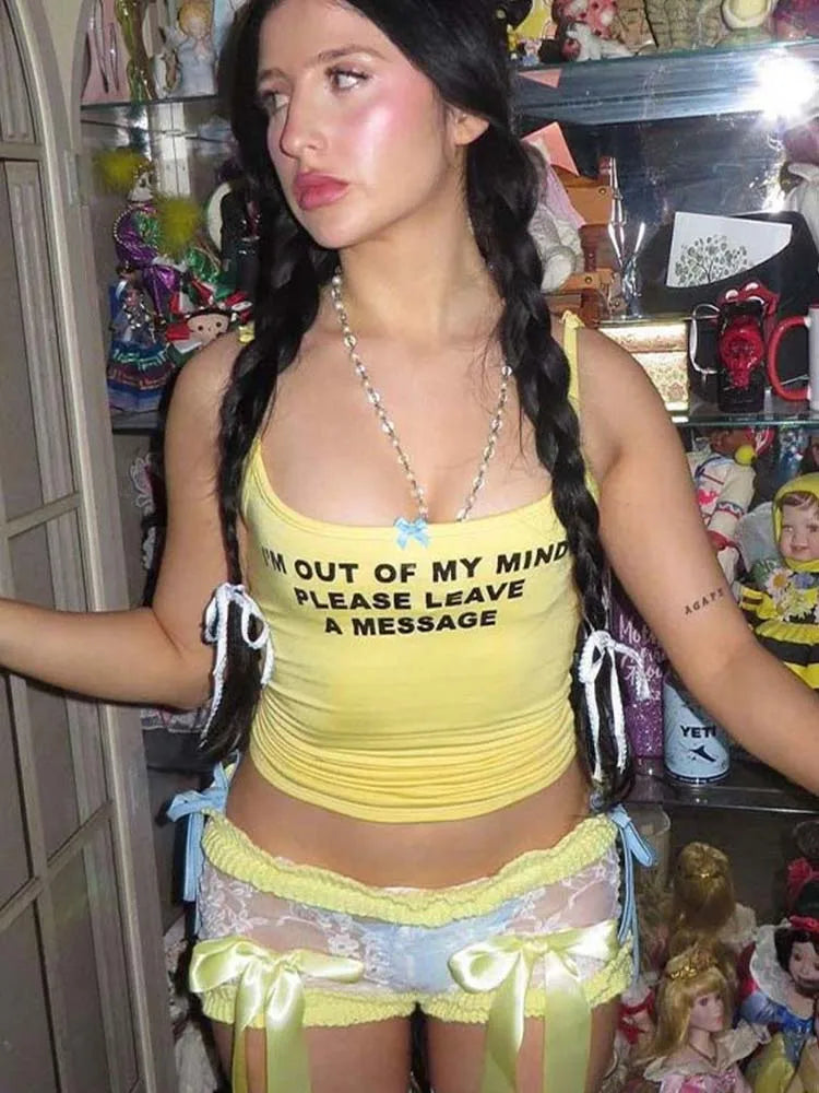 omen T-shirt Square Collar Strap Bow Slim Versatile Vest Hottie Casual Outfit Y2K Streetwear