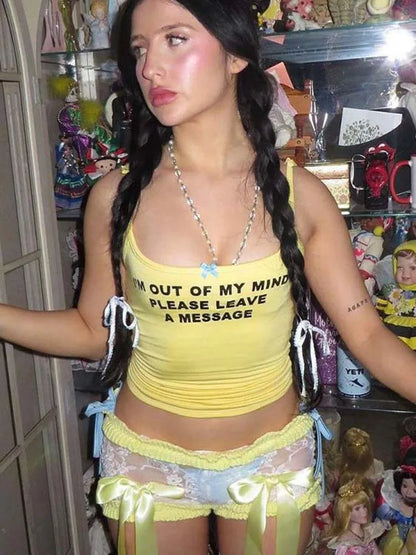 omen T-shirt Square Collar Strap Bow Slim Versatile Vest Hottie Casual Outfit Y2K Streetwear