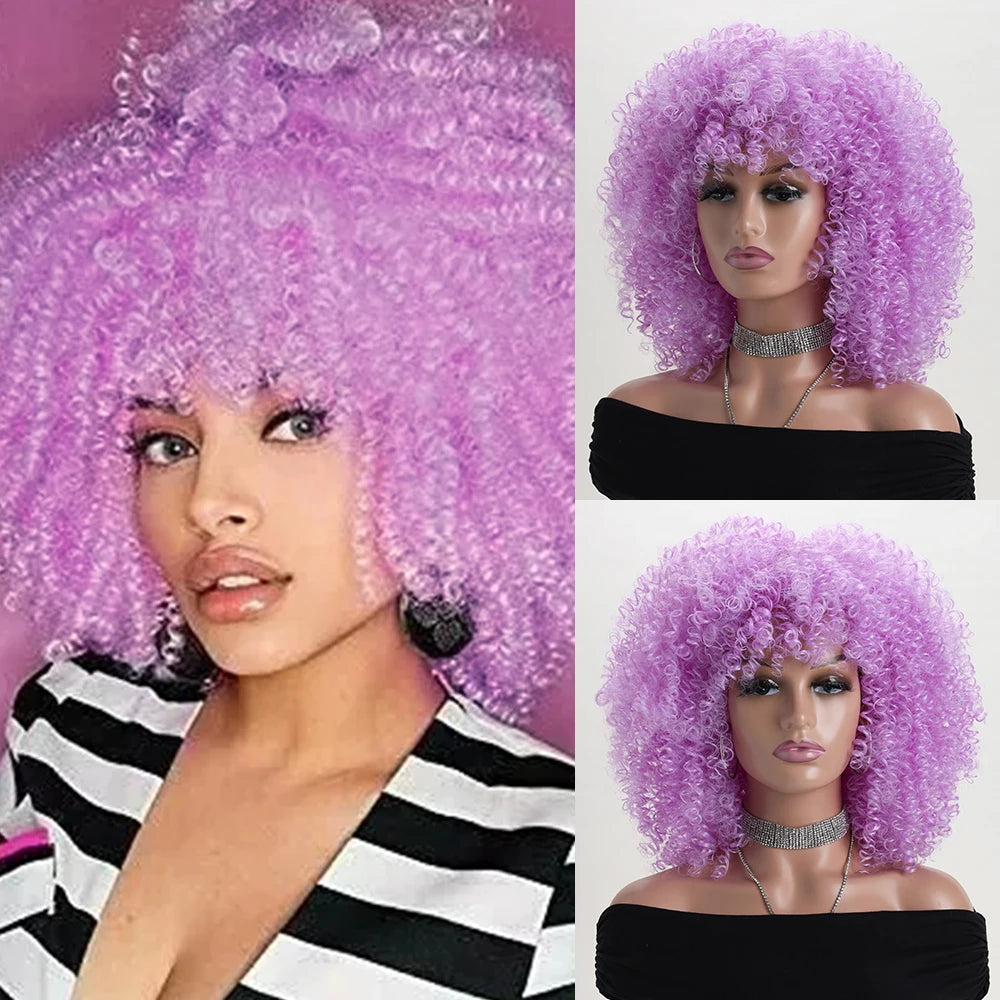 16 Inch Afro Kinky Curly Hair Wigs With Bangs Soft Fluffy Synthetic Fiber None Lace Wigs For Party Cosplay Daily Use Badiee Stylez