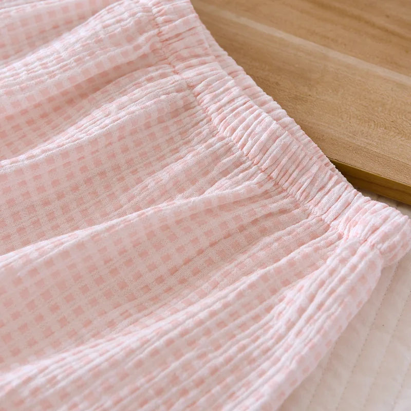 2025 Japanese summer new women's pajamas suit short-sleeved shorts two-piece 100% cotton crepe simple checked thin home clothes